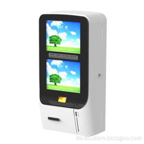Wall mounted advertising kiosk with dual 15-inch touch screen and ticket printer function